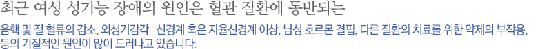 최근 여성 성기능 장애의 원인은 혈관 질환에 동반되는 음핵 및 질 혈류의 감소, 외성기감각   신경계 혹은 자율신경계 이상, 남성 호르몬 결핍, 다른 질환의 치료를 위한 약제의 부작용, 등의 기질적인 원인이 많이 드러나고 있습니다. 