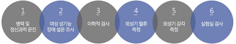 병력 및 정신과적 문진, 여성 성기능 장애 설문 조사, 이학적 검사, 외성기 혈류 측정, 외성기 감각 측정, 실험실 검사 